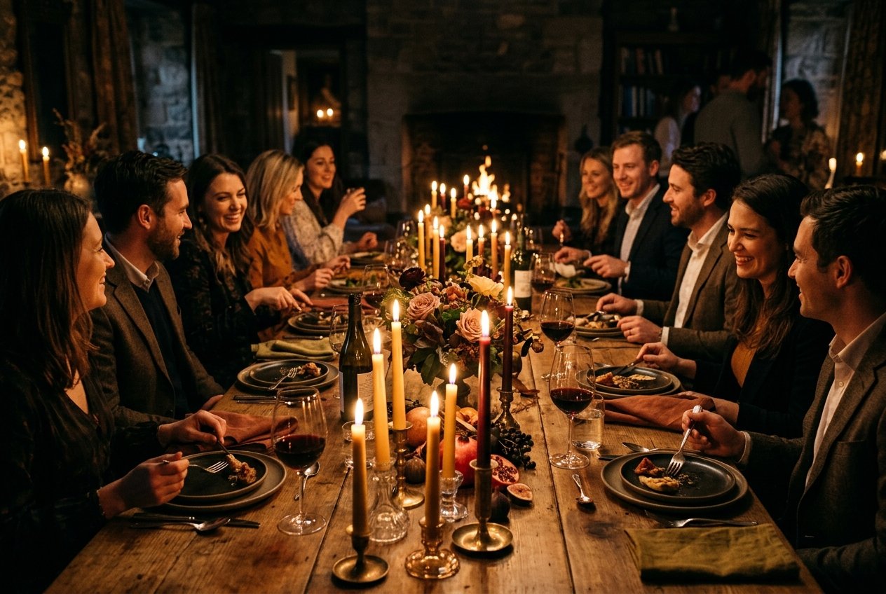 Moody dinner party candle lighting