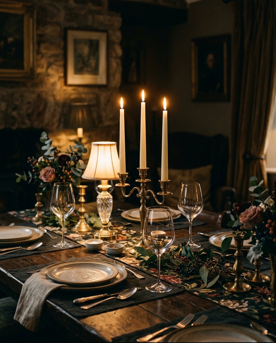 A beautifully styled dining table lit by tapered candles