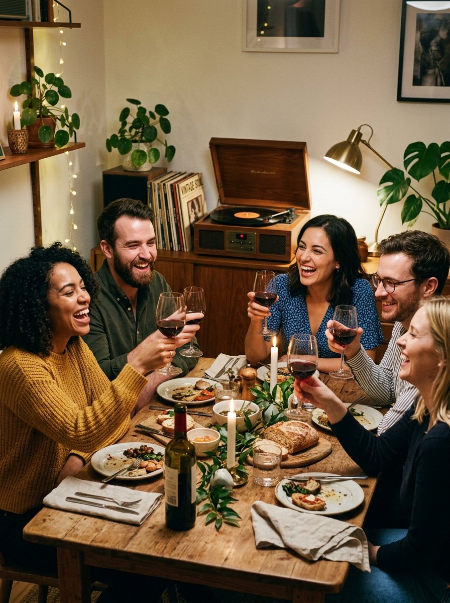 Friends enjoying a dinner party with warm ambient light