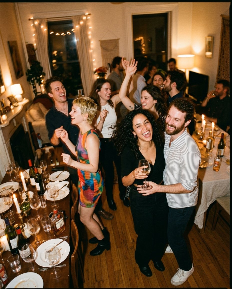 Friends dancing and laughing at the end of a dinner party