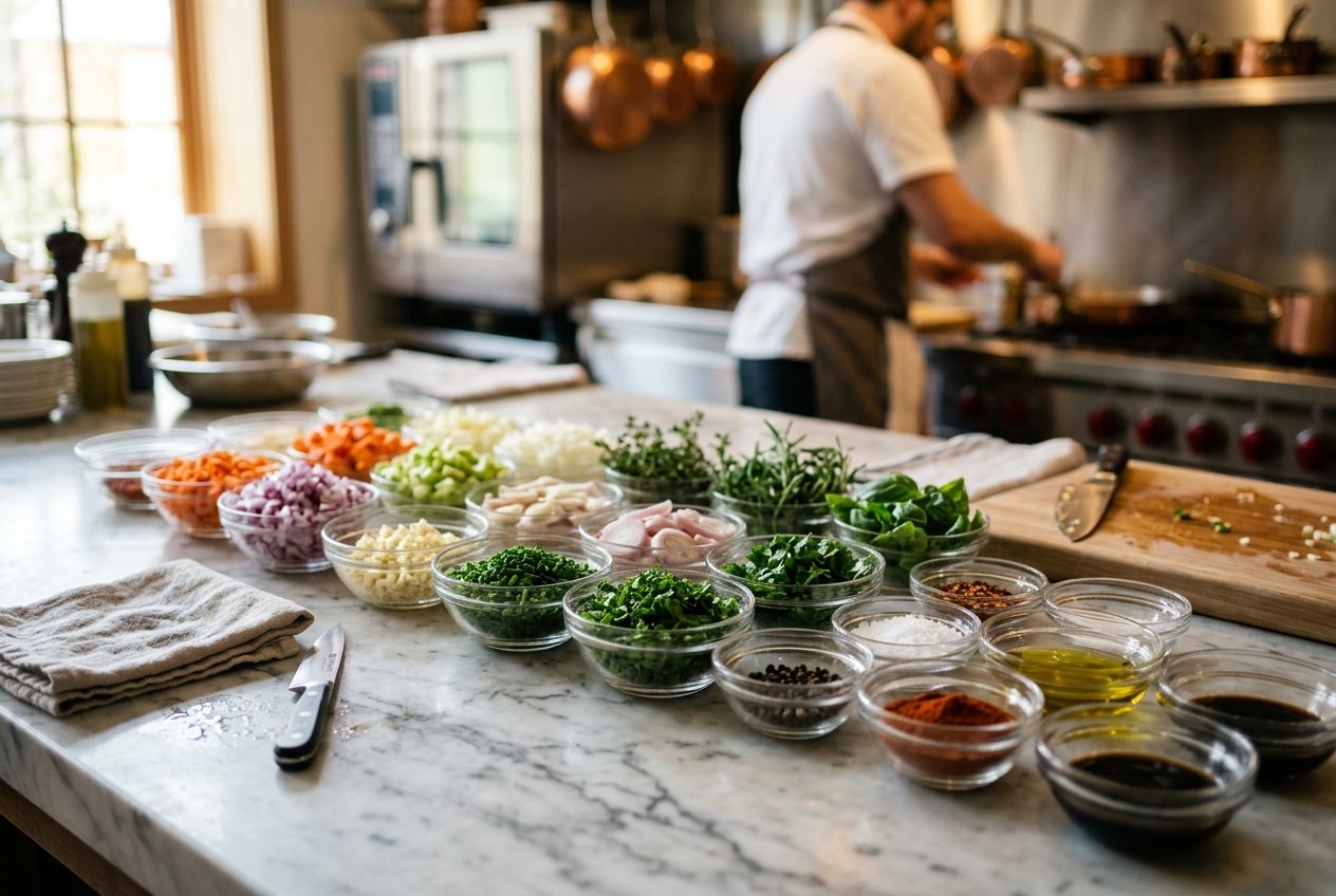 Organized mis en place with herbs and bowls