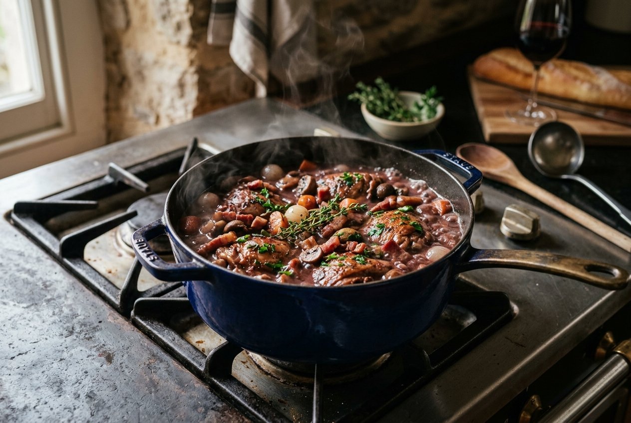 A beautiful braise in a Dutch oven simmering on the stove